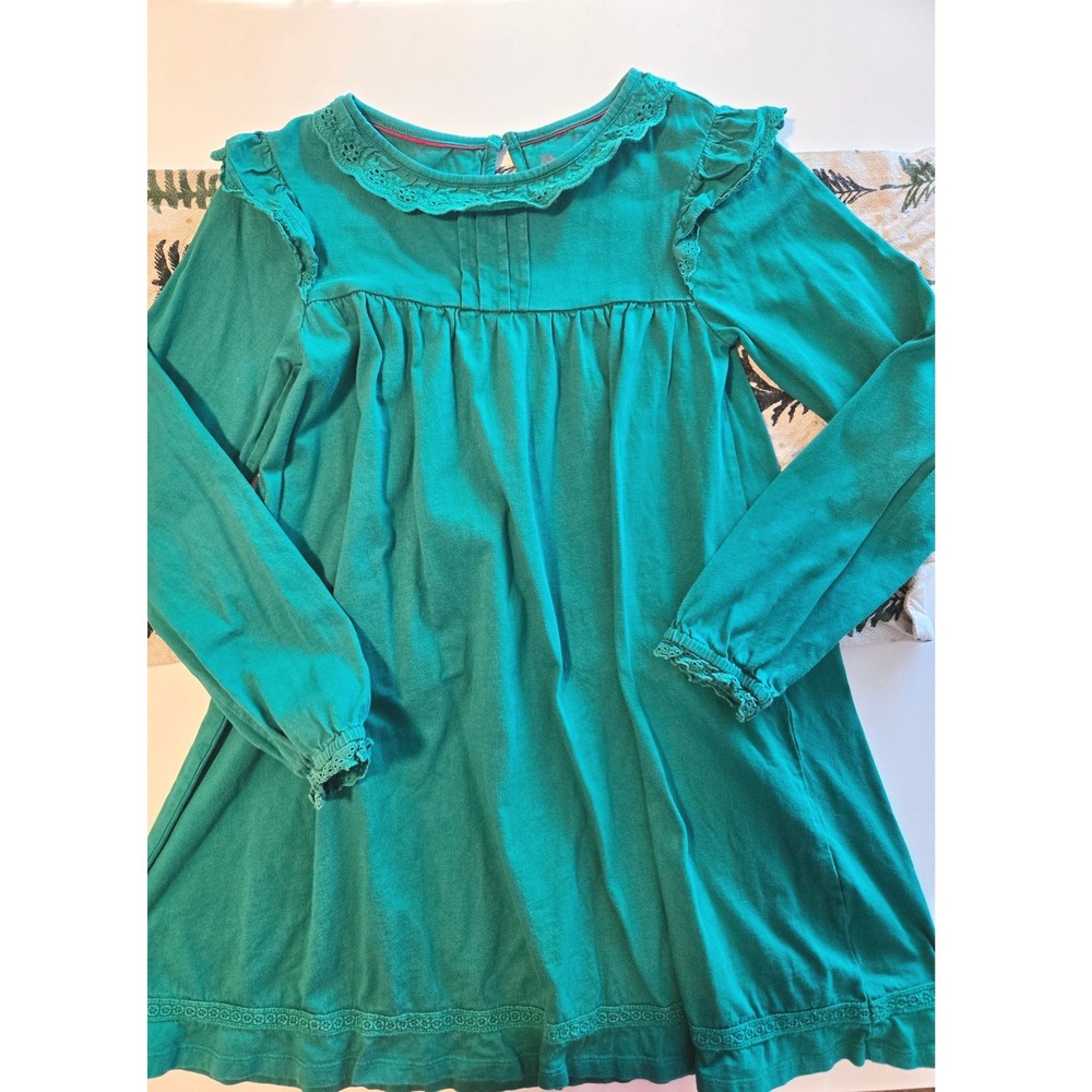 Mini Boden Girls Teal Long Sleeve Lace Trim Dress‎ Size 8-9Y